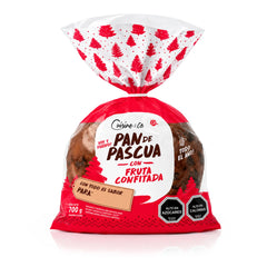 Pan de Pascua envasado con un diseño en rojo y blanco sobre fondo blanco