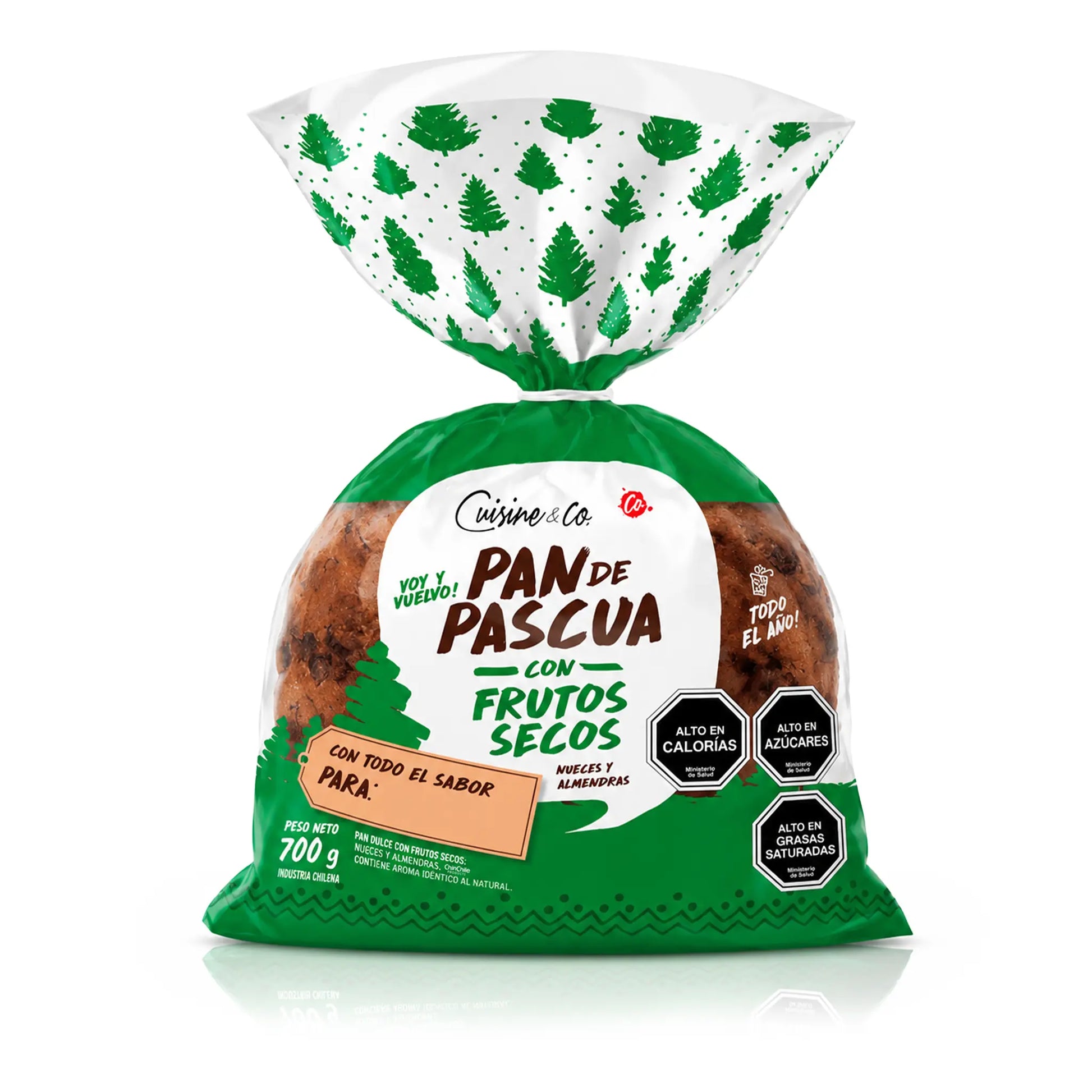 Pan de Pascua envasado con un diseño verde y blanco sobre fondo blanco