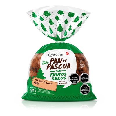 Pan de Pascua envasado con un diseño verde y blanco sobre fondo blanco