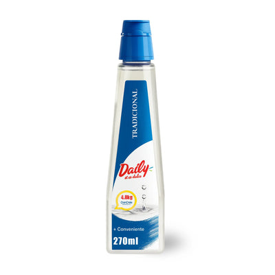 Daily Tradicional – 270ml bottle of zero-calorie liquid sweetener with blue cap on white background.