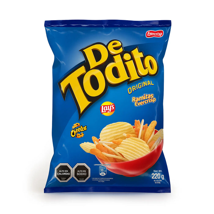 De Todito Original 220g – Chilean snack mix with Lay’s, Ramitas, and Cheetos on a white background.