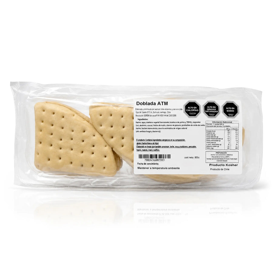 Dobladita pre-baked Chilean bread package, 9 units (855g) on a white background.