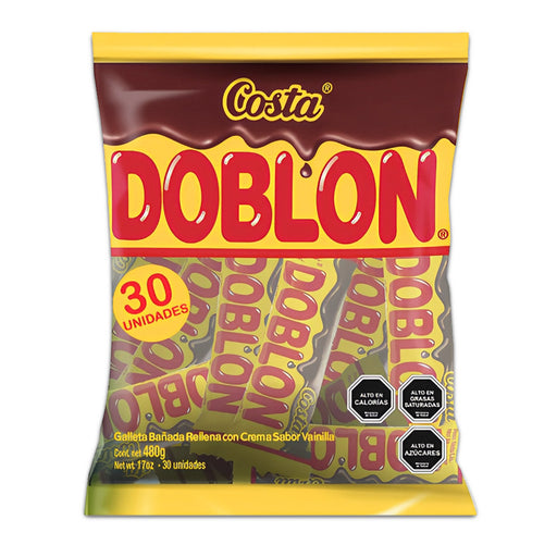 Bag of Costa Doblón chocolate-covered cookies with vanilla cream filling, 30 units.