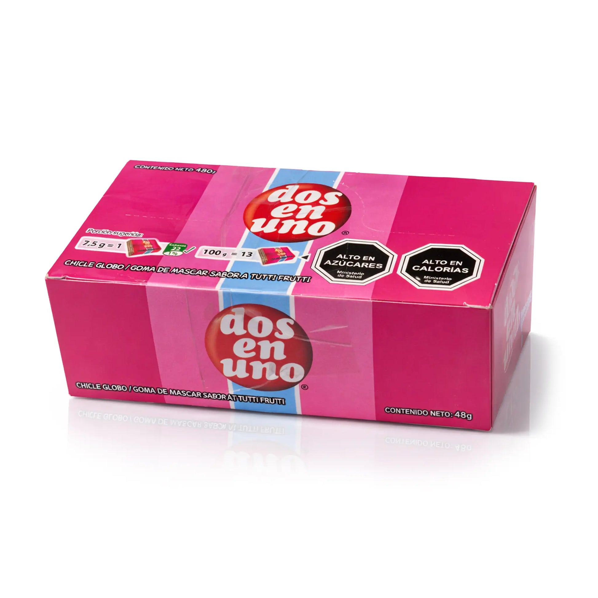 Pink packaging of 'dos en uno' on a white background
