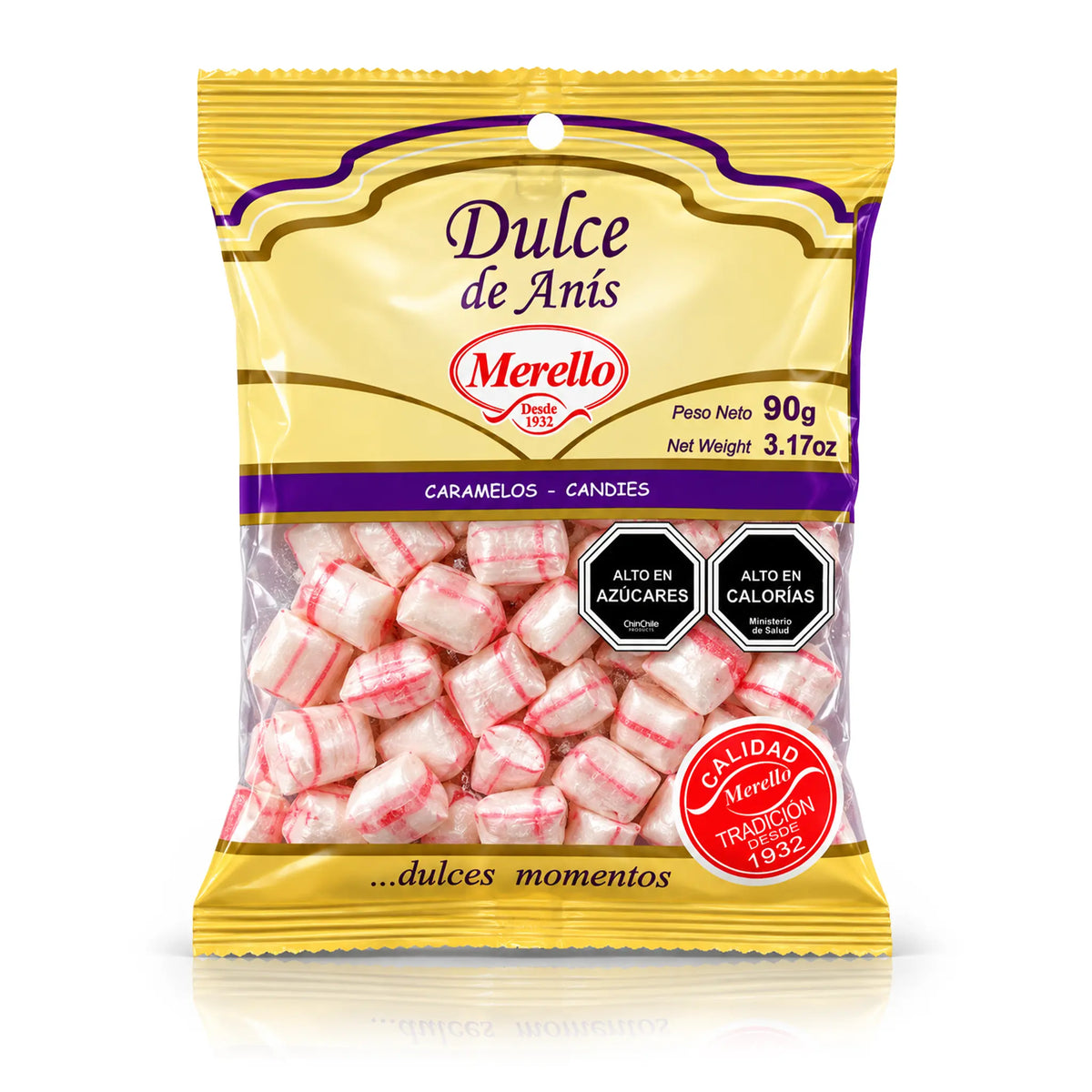 A 3.17 oz (90 g) bag of Merello Dulce de Anís, Chilean anise hard candies, white with red stripes
