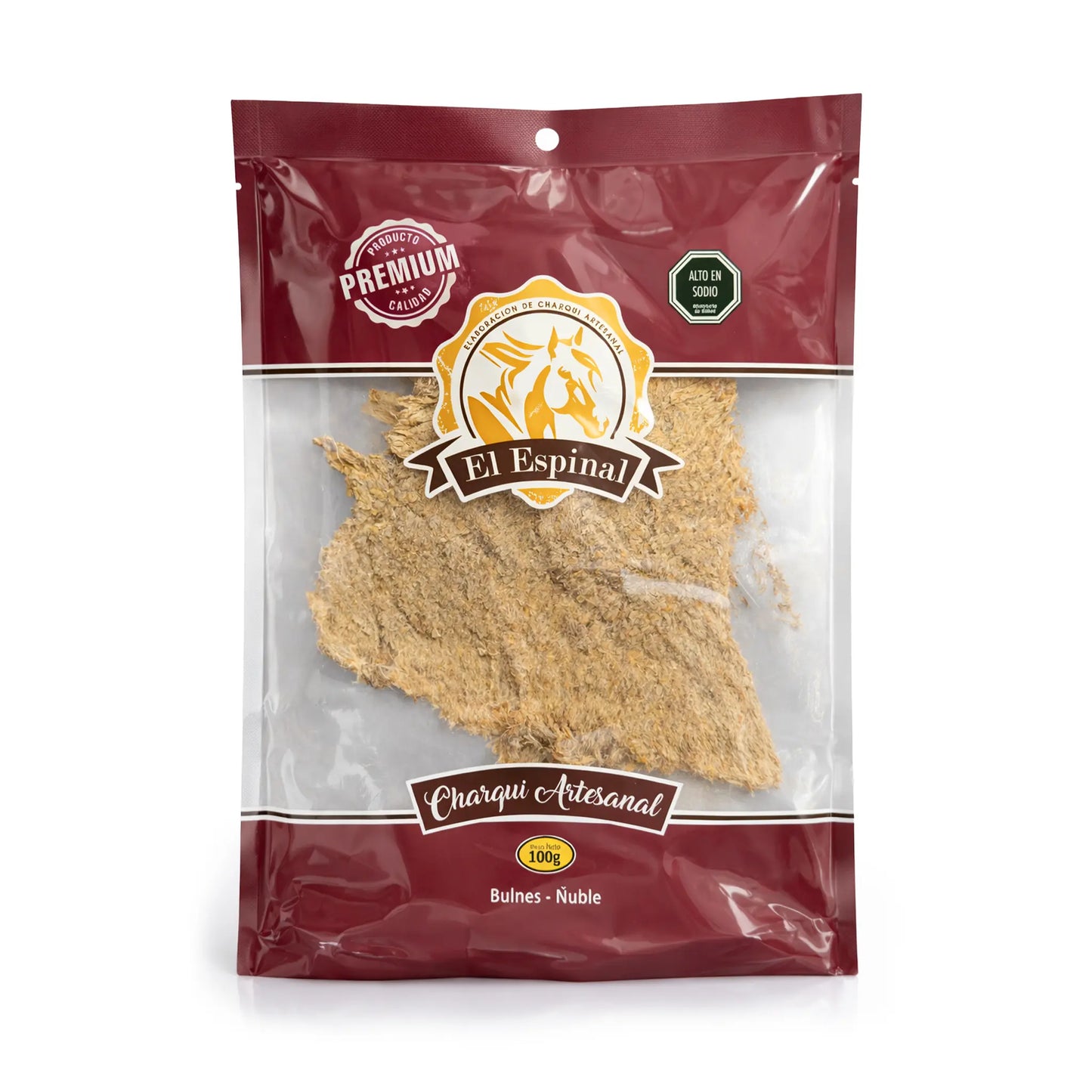 El Espinal Charqui Artesanal Carne seca de caballo chilena, bolsa de 100 g sobre fondo blanco.