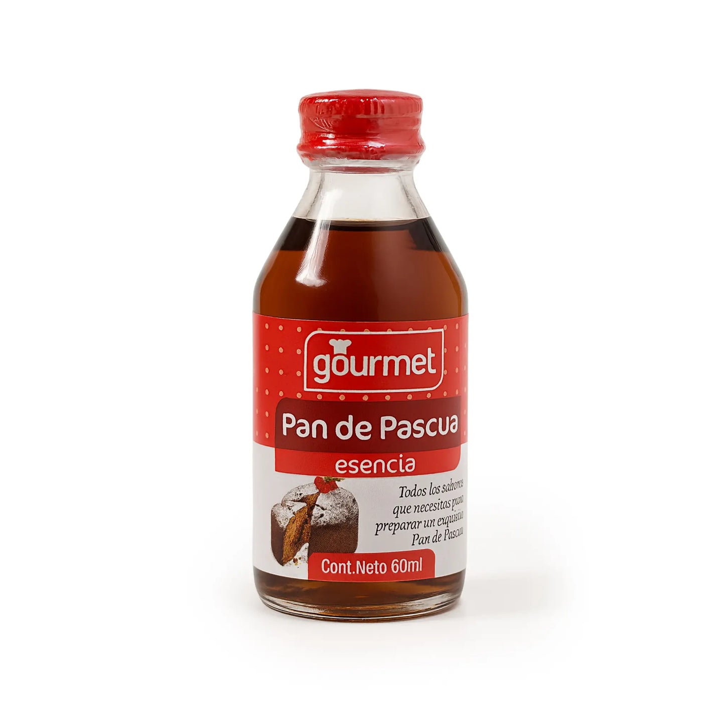 Bottle of gourmet Pan de Pascua essence with a red label on a white background