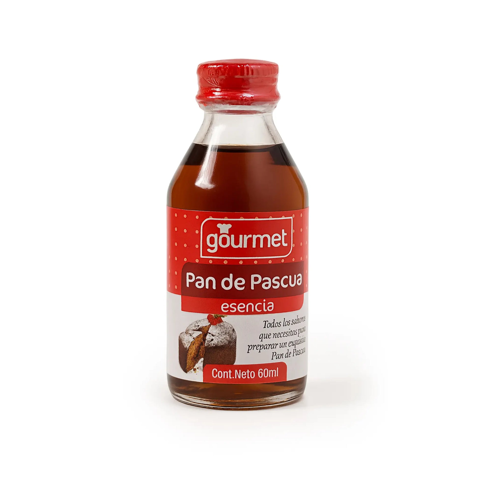 Bottle of gourmet Pan de Pascua essence with a red label on a white background