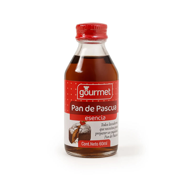 Bottle of gourmet Pan de Pascua essence with a red label on a white background