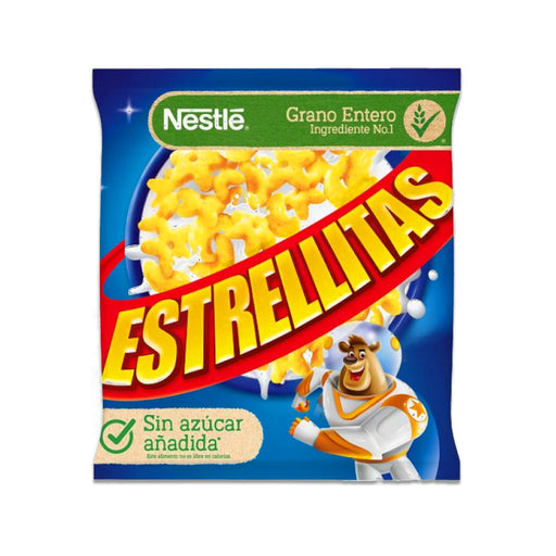 A small blue bag of yellow star cereal with a bear dressed as a spaceman on the front.