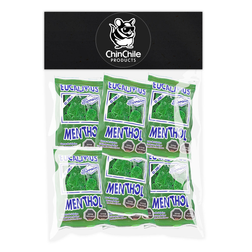 Un paquete de 10 bolsitas verdes de caramelos de goma de eucalipto. Un caramelo tradicional de Chile.