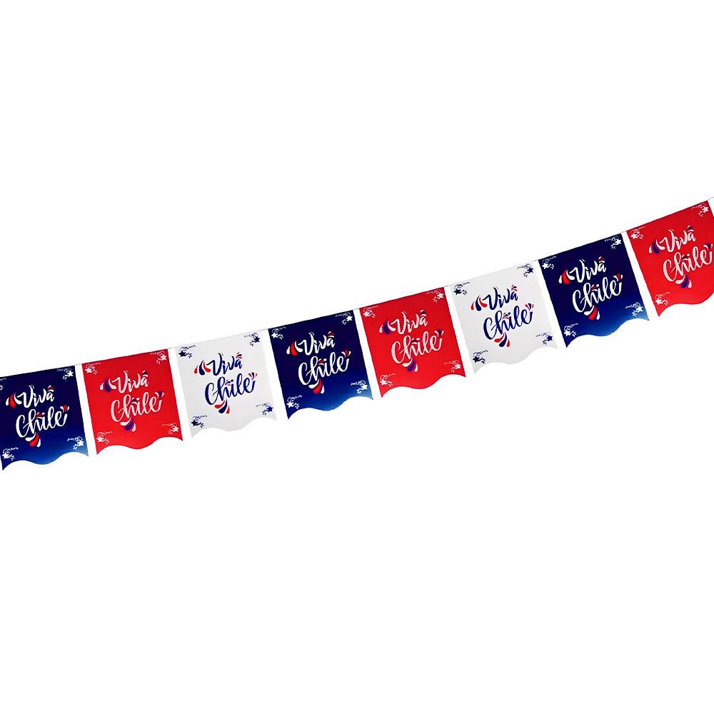 a string of Red, white, and blue flags that say "viva Chile".