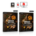 Two editions of 'Flavors of Chile' cookbook, English and Spanish, with digital formats displayed above.