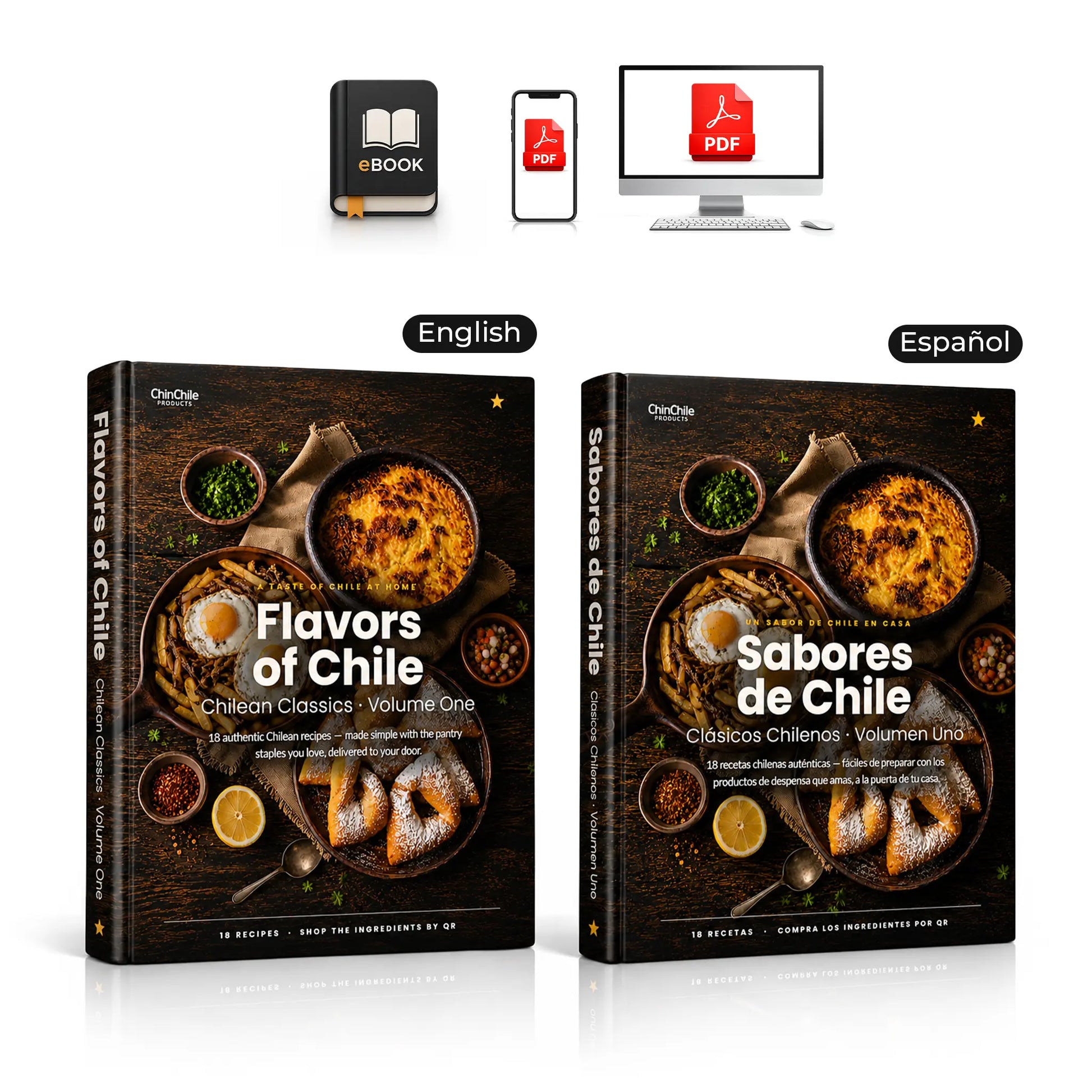 Two editions of 'Flavors of Chile' cookbook, English and Spanish, with digital formats displayed above.