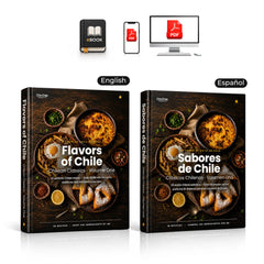 Two editions of 'Flavors of Chile' cookbook, English and Spanish, with digital formats displayed above.