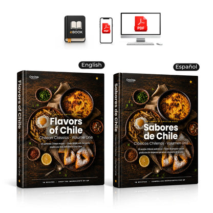 Two editions of 'Flavors of Chile' cookbook, English and Spanish, with digital formats displayed above.