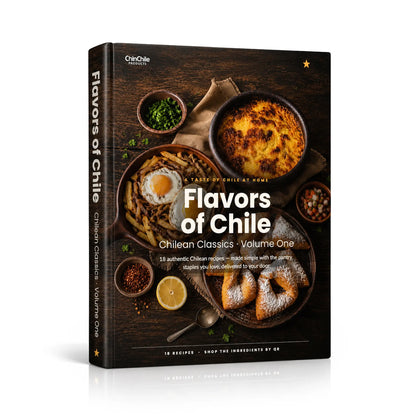 Cookbook titled 'Flavors of Chile' with images of food on the cover
