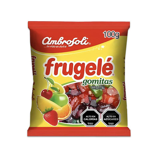 A red and yellow bag of Frugele fruit flavored candy.
