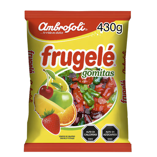A red and yellow bag of Frugele fruit flavored candy.
