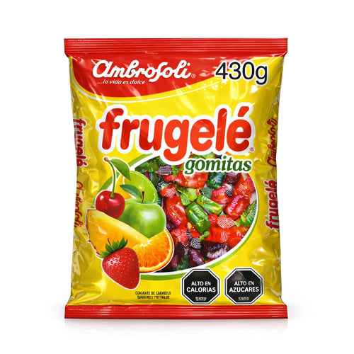 A red and yellow bag of Frugele fruit flavored candy.