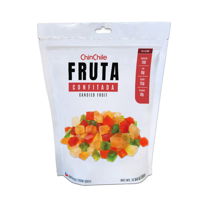 ChinChile Fruta Confitada resealable bag featuring colorful candied fruit cubes in red, green, and yellow, imported from Chile.