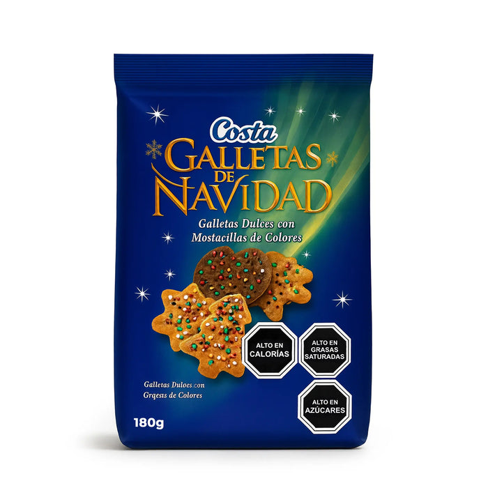 Packaging of Costa Galletas de Navidad with Christmas cookies on a blue background