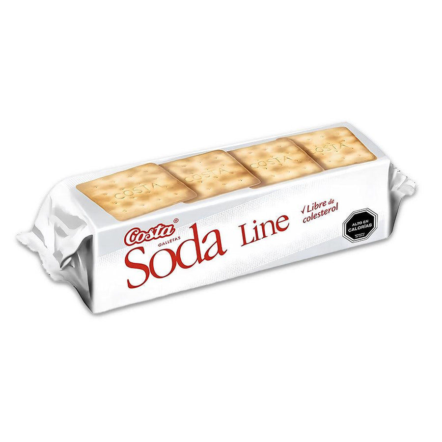 Galletas Soda Line crackers in white packaging with red text and cracker images on top.