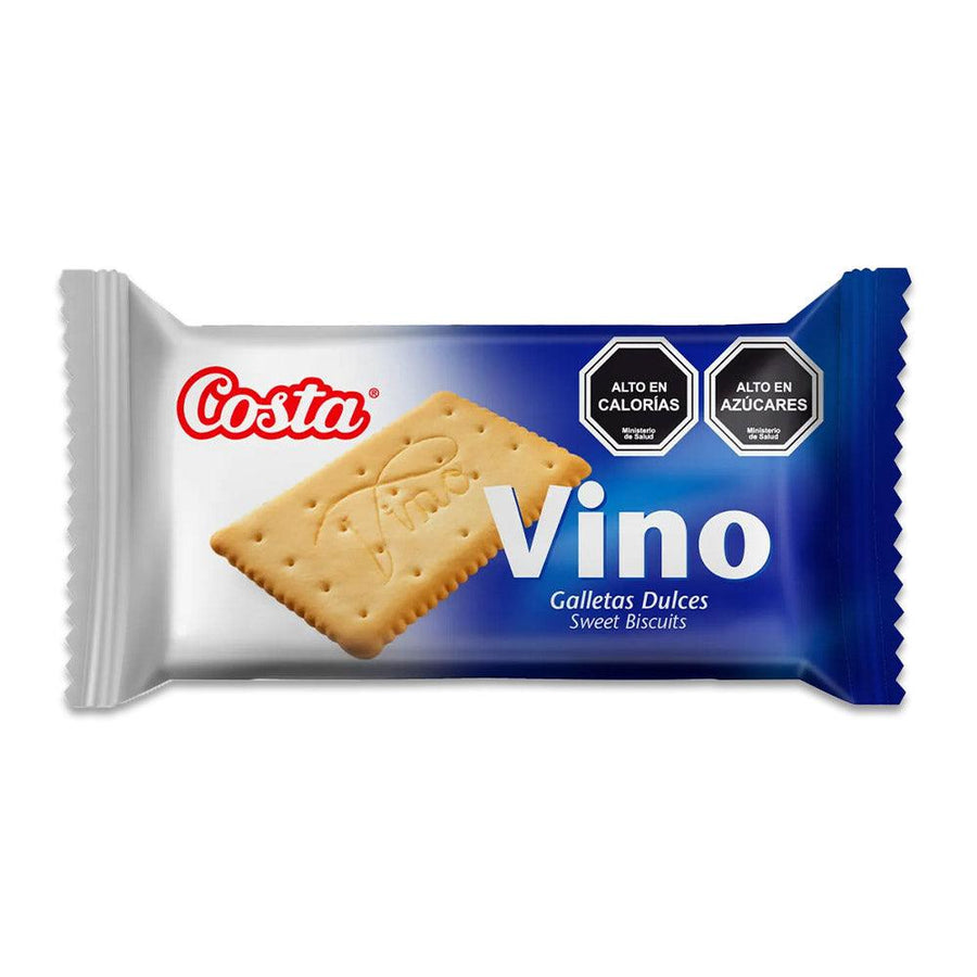 Un paquete blanco y azul de Galletas Vino.