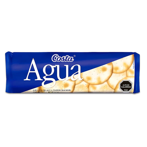 A blue package of gullets de aqua water crackers from Costa.