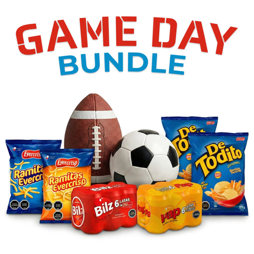 Game day bundle with sports balls and chilean snack packages on a white background