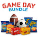 Game day bundle with sports balls and chilean snack packages on a white background