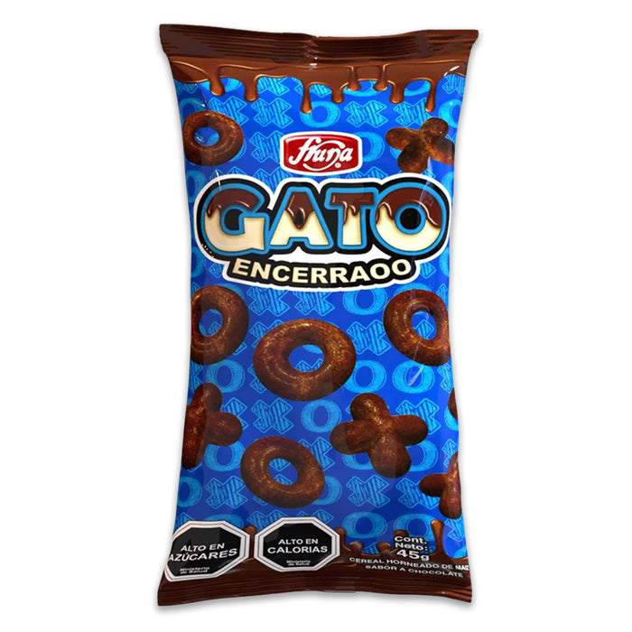 A blue and brown bag of Gato with chocolate air-puffed x's and o's on the front.
