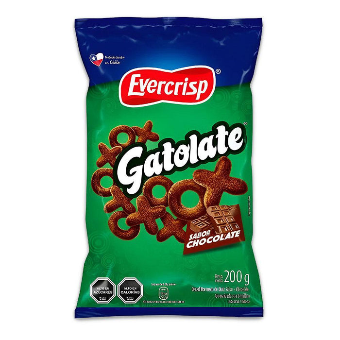 A 200 gram green bag of Gatolate. A puffy chocolate snack from Chile.