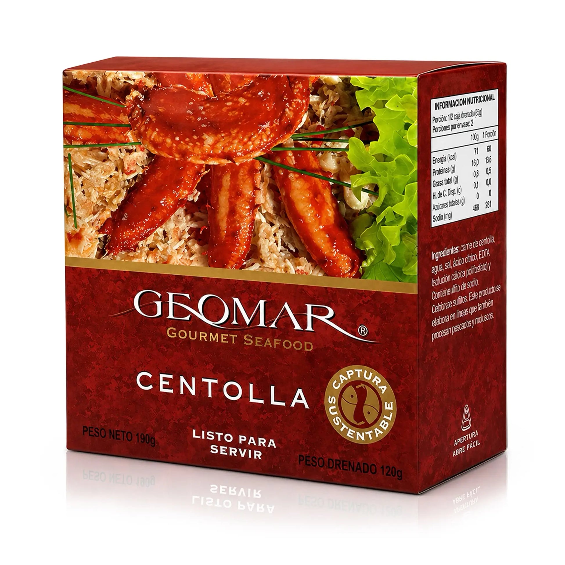 Envase gourmet de marisco de Geomar Centolla sobre fondo blanco