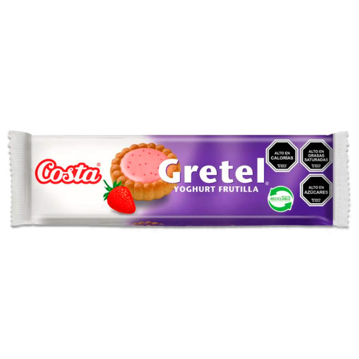 A small white and purple bag of Gretel strawberry cookies from Costa. A product imported from Chile.