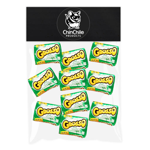 A ten piece bag of Grosso mint chewing gum in green wrappers. 