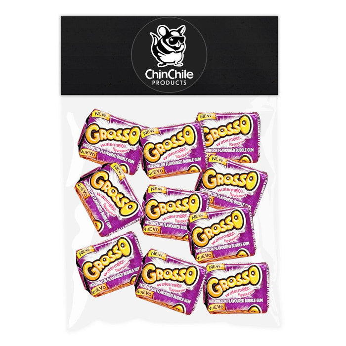 A ten piece bag of Grosso watermelon chewing gum in purple wrappers. 