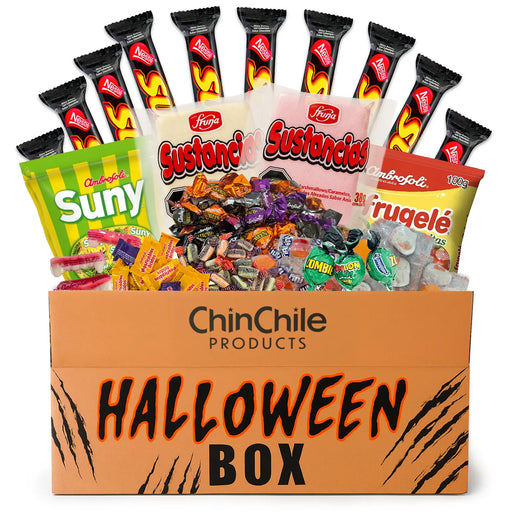 Halloween candy box with various candy packages and 'ChinChile Products' branding.