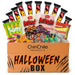 Halloween candy box with various candy packages and 'ChinChile Products' branding.
