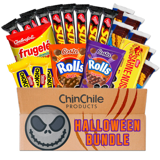 A Halloween themed box filled with chilean candies with a skull on the front.