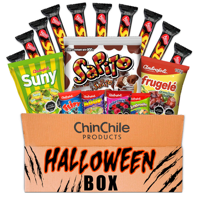 ChinChile Halloween Box with assorted Chilean candies and cookies in a festive package.