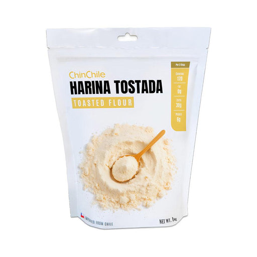 A 1 kg resealable bag of ChinChile Harina Tostada (Toasted Flour) with a wooden spoon resting on a pile of flour, labeled as imported from Chile.