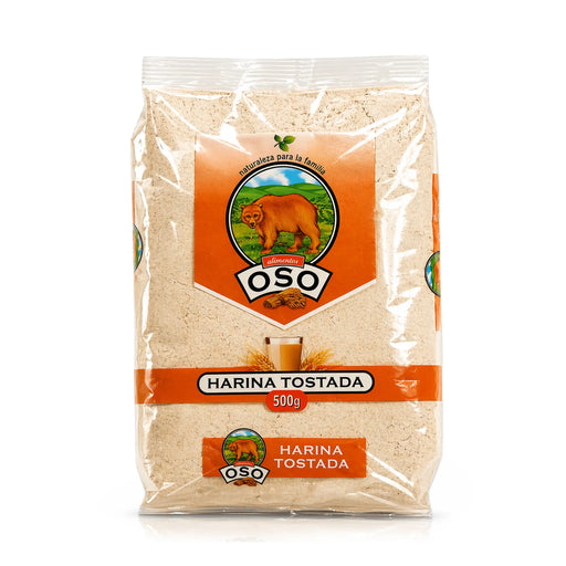 Una bolsa transparente de harina de trigo tostada con una etiqueta naranja y el logotipo Oso de un oso pardo.