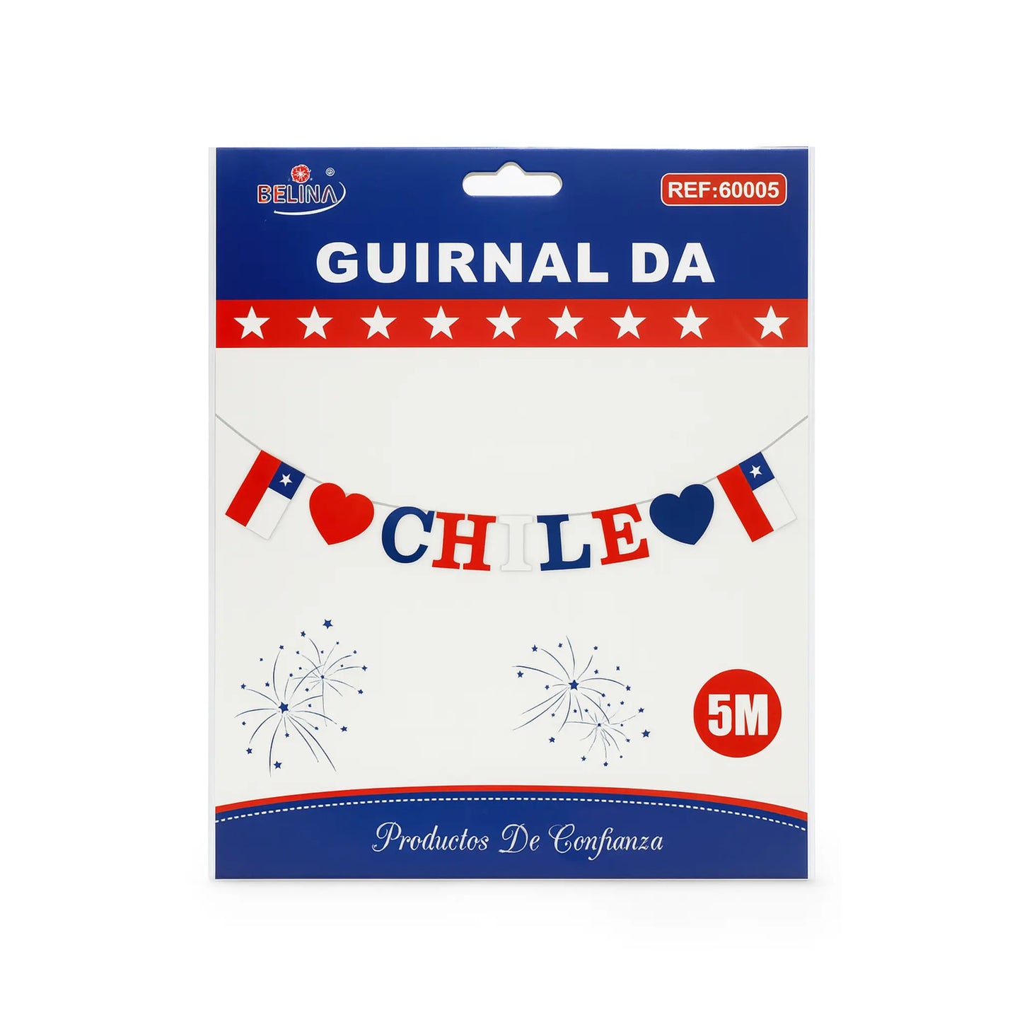 Packaging of a Chile-themed decorative banner with red, white, and blue colors on a white background.