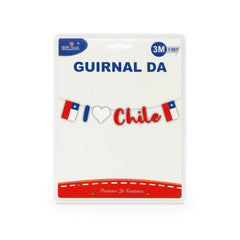 Embalaje Guirnalda Chile artículo decorativo con banderas y texto sobre fondo blanco