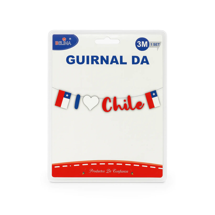 Embalaje Guirnalda Chile artículo decorativo con banderas y texto sobre fondo blanco