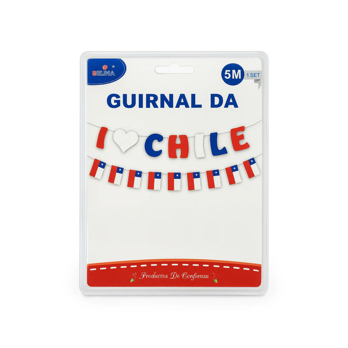Packaged 'I Love Chile' banner with red, white, and blue colors on a white background