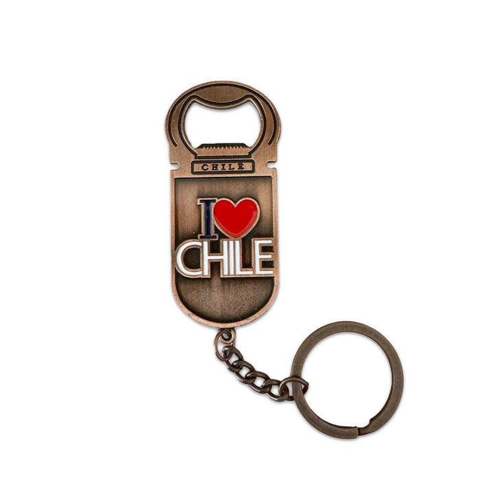 Bronze bottle opener keychain with 'I Love Chile' text and heart design.