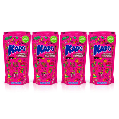 Kapo Sabor Frambuesa 4-pack – four 252 mL raspberry flavored drink pouches from Chile on a white background.