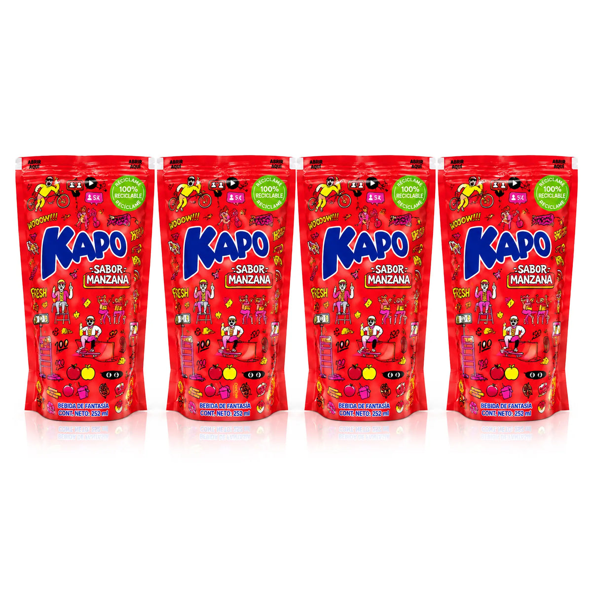 Kapo Sabor Manzana 4-pack – four 252 mL apple flavored drink pouches from Chile on a white background.